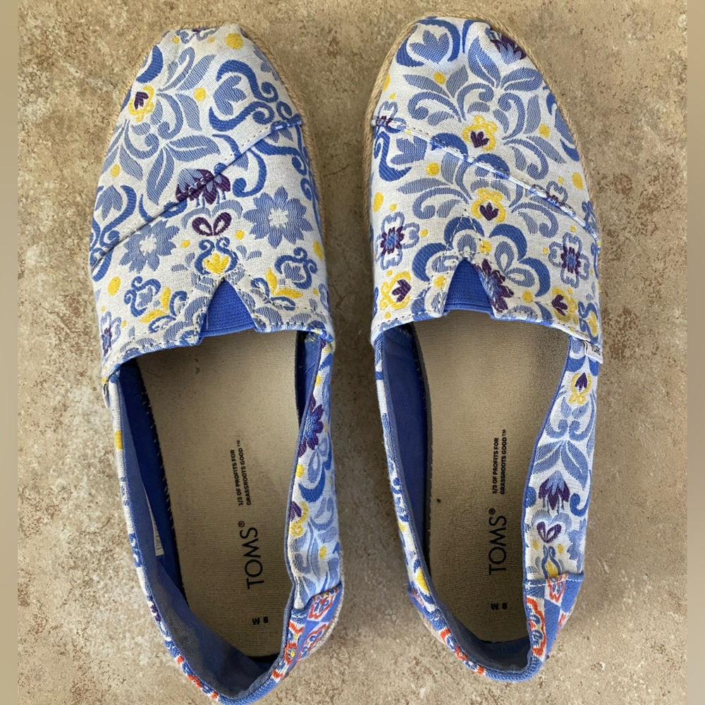 TOMS Blue Mediterranean Floral Slip-On Shoes